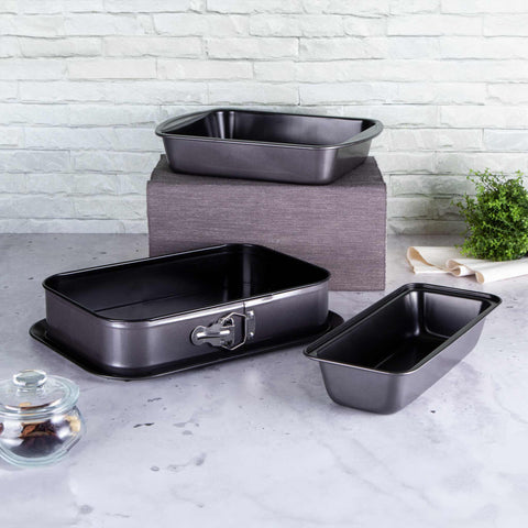 BH/7634, juego de 3 moldes para hornear, gris oscuro, utensilios para hornear, juego de moldes para hornear, hornear, molde desmontable cuadrado, asador, molde para pan, molde para hornear