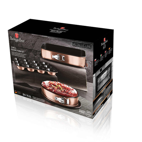  BH/7636, juego de 3 moldes desmontables con molde para muffins, oro rosa, utensilios para hornear, juego de moldes desmontables, juego de moldes para hornear, hornear, molde desmontable cuadrado, molde desmontable redondo, molde para muffins, molde desmontable