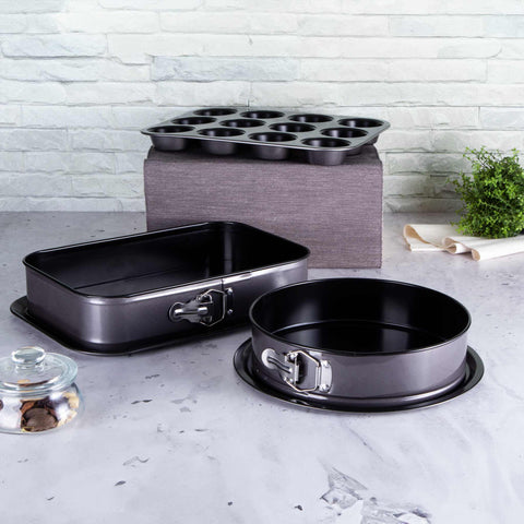 BH/7637, juego de 3 moldes desmontables con molde para muffins, gris oscuro, utensilios para hornear, juego de moldes desmontables, juego de moldes para hornear, hornear, molde desmontable cuadrado, molde desmontable redondo, molde para muffins, molde desmontable