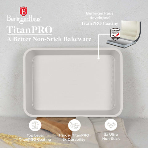 Product image of Oblong roaster 40x28cm. Part of the Sahara Collection . Features: • Material: carbon steel with non-stick titanPro coating • Size: 40*28*7 cm • Color: matt cream. (Studio view). Official Berlinger Haus product, boosted by Promintra sl.