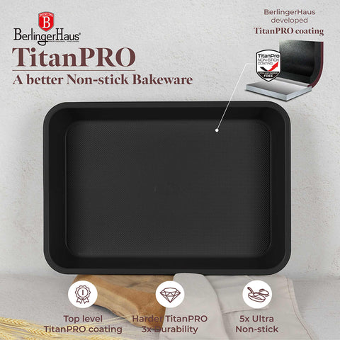 Product image of Oblong roaster 40x28cm. Part of the Leonardo Collection . Features: • Material: carbon steel with non-stick titanPro coating • Size: 40*28*7 cm • Color: matt bordeaux. (Studio view). Official Berlinger Haus product, boosted by Promintra sl.