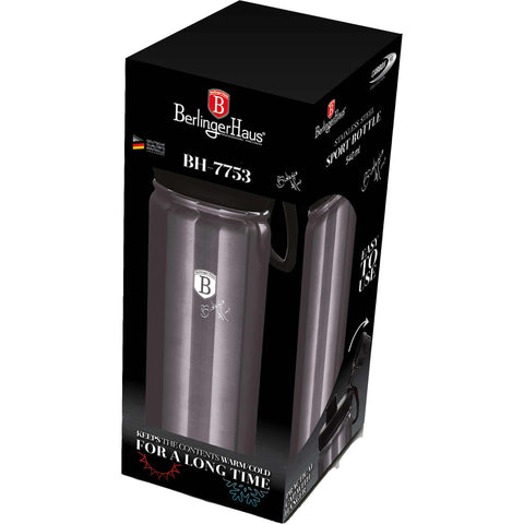 Product image of Sport bottle 540ml. Part of the Metallic Line Carbon Pro Edition . Features: • Material: inner body 18/10 stainless steel • Capacity: 540 ml • Color: metallic dark grey • Packing: half giftbox. (Studio view). Official Berlinger Haus product, boosted by Promintra sl.