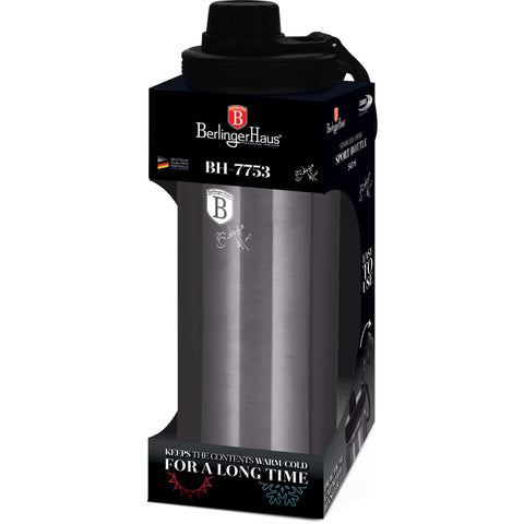 Product image of Sport bottle 540ml. Part of the Metallic Line Carbon Pro Edition . Features: • Material: inner body 18/10 stainless steel • Capacity: 540 ml • Color: metallic dark grey • Packing: half giftbox. (Studio view). Official Berlinger Haus product, boosted by Promintra sl.