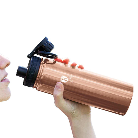 Product image of Sport bottle 540ml. Part of the Metallic Line Rose Gold Edition . Features: • Material: inner body 18/10 stainless steel • Capacity: 540 ml • Color: metallic rose gold • Packing: half giftbox. (Studio view). Official Berlinger Haus product, boosted by Promintra sl.