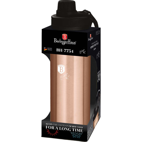 Product image of Sport bottle 540ml. Part of the Metallic Line Rose Gold Edition . Features: • Material: inner body 18/10 stainless steel • Capacity: 540 ml • Color: metallic rose gold • Packing: half giftbox. (Studio view). Official Berlinger Haus product, boosted by Promintra sl.
