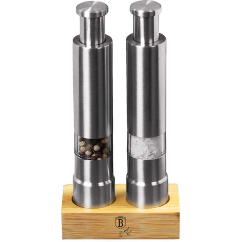 Product image of 2pcs salt and pepper mill set with bamboo stand. Part of the Black Vantage Collection/Matte Black Collection/Black Silver Collection/Eternal Collection . Features: • Material: 18/10 stainless steel with bamboo stand • Color: stainless steel. (Conceptual view). Official Berlinger Haus product, boosted by Promintra sl.