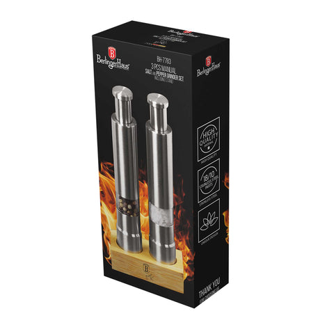 Product image of 2pcs salt and pepper mill set with bamboo stand. Part of the Black Vantage Collection/Matte Black Collection/Black Silver Collection/Eternal Collection . Features: • Material: 18/10 stainless steel with bamboo stand • Color: stainless steel. (Conceptual view). Official Berlinger Haus product, boosted by Promintra sl.