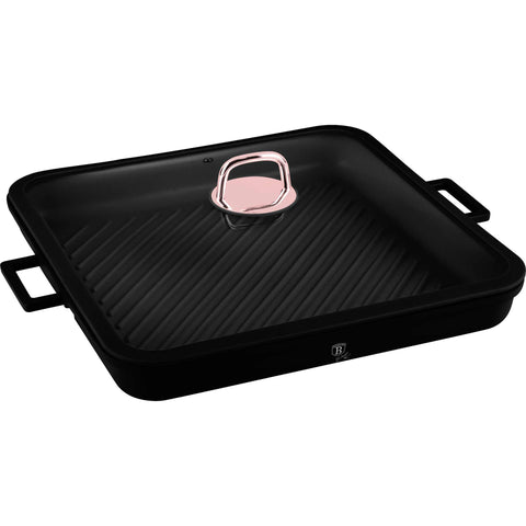 sartén, sartén para freír, sartén para parrilla, sartén para parrilla con tapa, sartén para parrilla cuadrada, batería de cocina, cocinar, aluminio fundido, sartén para parrilla cuadrada de 34 cm, negro/oro rosa, NUEVO, BH/7789