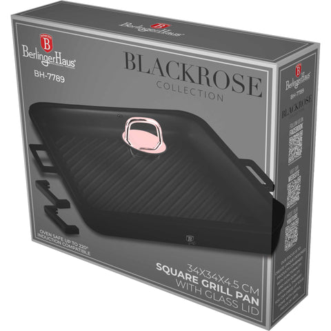  BH/7789, Sartén cuadrada para parrilla con tapa de 34 cm, Negro, Oro rosa, Sartén cuadrada para parrilla de 34 cm, Aluminio fundido, Sartén, Sartén, Sartén para parrilla, Sartén para parrilla con tapa, Sartén cuadrada para parrilla, Batería de cocina, Cocinar