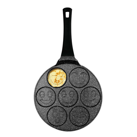  BH/7791, Molde para panqueques con 7 agujeros y diseño de emojis, 26 cm, negro, aluminio fundido, con agujeros, emojis, utensilios de cocina, sartenes, para crepes y panqueques