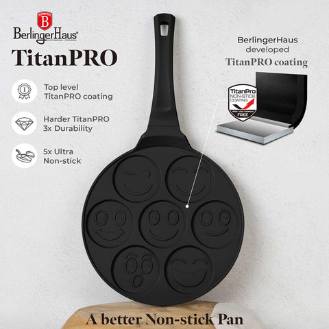  BH/7791, Molde para panqueques con 7 agujeros y diseño de emojis, 26 cm, negro, aluminio fundido, con agujeros, emojis, utensilios de cocina, sartenes, para crepes y panqueques