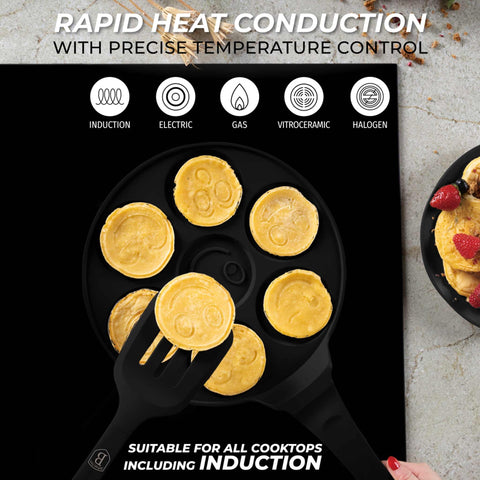  BH/7791, Molde para panqueques con 7 agujeros y diseño de emojis, 26 cm, negro, aluminio fundido, con agujeros, emojis, utensilios de cocina, sartenes, para crepes y panqueques