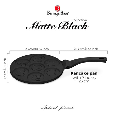  BH/7791, Molde para panqueques con 7 agujeros y diseño de emojis, 26 cm, negro, aluminio fundido, con agujeros, emojis, utensilios de cocina, sartenes, para crepes y panqueques