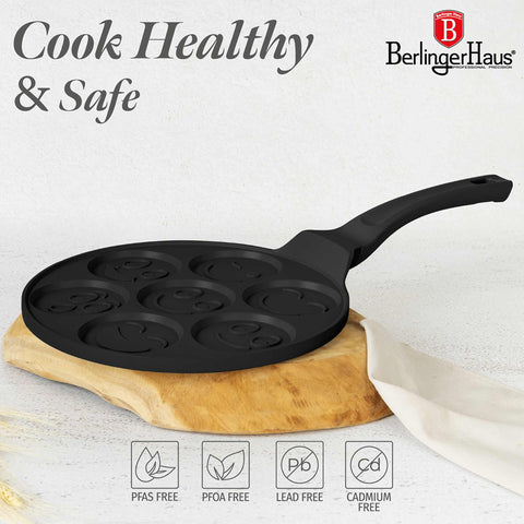  BH/7791, Molde para panqueques con 7 agujeros y diseño de emojis, 26 cm, negro, aluminio fundido, con agujeros, emojis, utensilios de cocina, sartenes, para crepes y panqueques