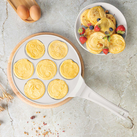  BH/7792, Molde para panqueques con 7 agujeros y diseño de emojis, 26 cm, color crema mate, aluminio fundido, molde para panqueques con agujeros, emoji, utensilios de cocina, cocina, sartenes, molde para crepes/panqueques