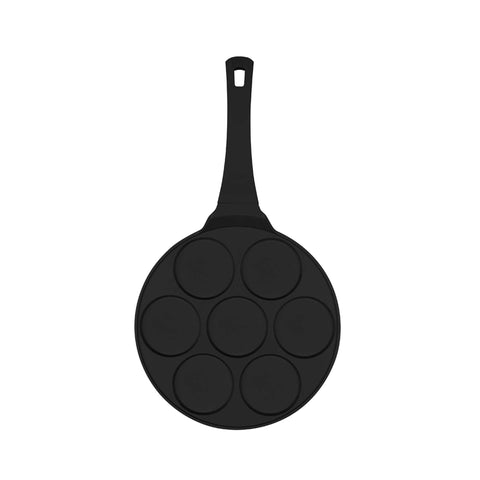 Product image of 7holes blank pancake pan 26cm. Part of the Black Rose Collection . Features: • Material: cast aluminium • Pancake pan Ø26*1,3 cm • Color: matt black. (Studio view). Official Berlinger Haus product, boosted by Promintra sl.