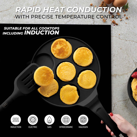 Product image of 7holes blank pancake pan 26cm. Part of the Black Rose Collection . Features: • Material: cast aluminium • Pancake pan Ø26*1,3 cm • Color: matt black. (Studio view). Official Berlinger Haus product, boosted by Promintra sl.