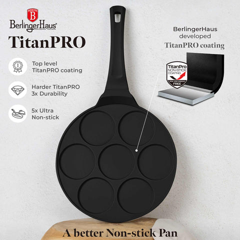 Product image of 7holes blank pancake pan 26cm. Part of the Black Rose Collection . Features: • Material: cast aluminium • Pancake pan Ø26*1,3 cm • Color: matt black. (Studio view). Official Berlinger Haus product, boosted by Promintra sl.