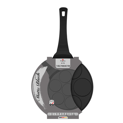 Product image of 7holes blank pancake pan 26cm. Part of the Black Rose Collection . Features: • Material: cast aluminium • Pancake pan Ø26*1,3 cm • Color: matt black. (Studio view). Official Berlinger Haus product, boosted by Promintra sl.