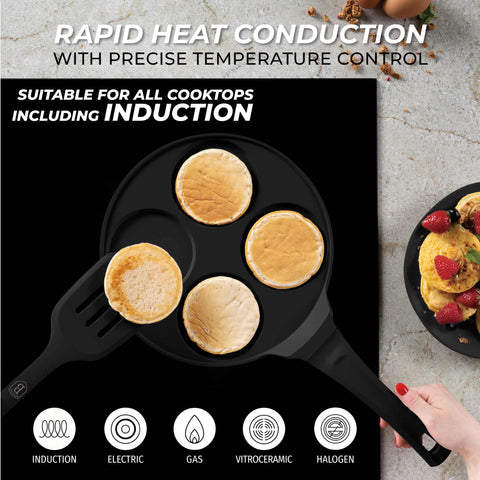  BH/7795, Molde para panqueques de 4 agujeros, 26 cm, negro, aluminio fundido, con agujeros, utensilios de cocina, sartenes, para crepes y panqueques