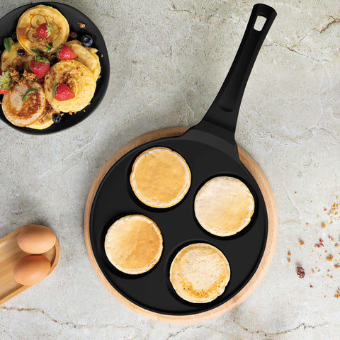  BH/7795, Molde para panqueques de 4 agujeros, 26 cm, negro, aluminio fundido, con agujeros, utensilios de cocina, sartenes, para crepes y panqueques