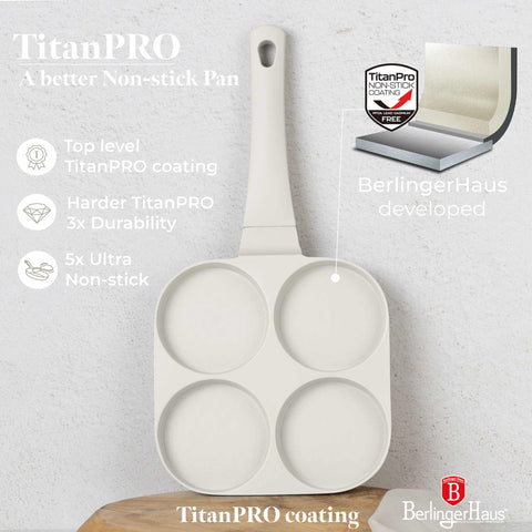 Product image of 4holes blank hamburger pan 20cm. Part of the Sahara Collection . Features: • Material: cast aluminium • Pancake pan Ø20*2,2 cm • Color: matt cream. (Studio view). Official Berlinger Haus product, boosted by Promintra sl.