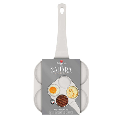 Product image of 4holes blank hamburger pan 20cm. Part of the Sahara Collection . Features: • Material: cast aluminium • Pancake pan Ø20*2,2 cm • Color: matt cream. (Studio view). Official Berlinger Haus product, boosted by Promintra sl.