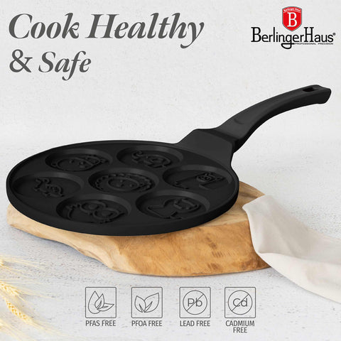  BH/7799, Molde para panqueques con 7 agujeros, 26 cm, color negro, aluminio fundido, con agujeros, para animales, utensilios de cocina, sartenes, para crepes y panqueques