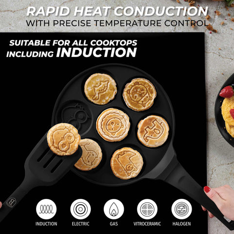  BH/7799, Molde para panqueques con 7 agujeros, 26 cm, color negro, aluminio fundido, con agujeros, para animales, utensilios de cocina, sartenes, para crepes y panqueques