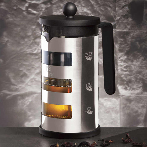 Product image of Coffee & tea plunger 1000ml. Part of the Black Vantage Collection/Matte Black Collection/Black Silver Collection/Eternal Collection . Features: • Material: 18/10 stainless steel and glass • Capacity: 1000 ml • Handle and knob: plastic knob, stainless steel handle with silicone • Color: stai.... (Studio view). Official Berlinger Haus product, boosted by Promintra sl.