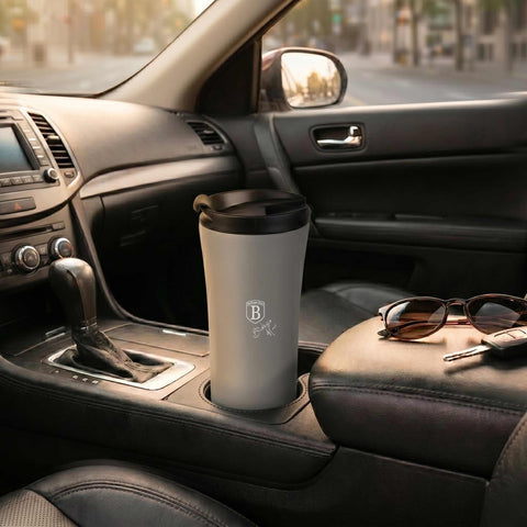 Product image of Coffee mug 0,5L. Part of the Aspen Collection . Features: • Material: inner body 18/10 stainless steel, cap: plastic • Capacity: 0,5 L • Color: matt grey • Packing: half giftbox. (Studio view). Official Berlinger Haus product, boosted by Promintra sl.
