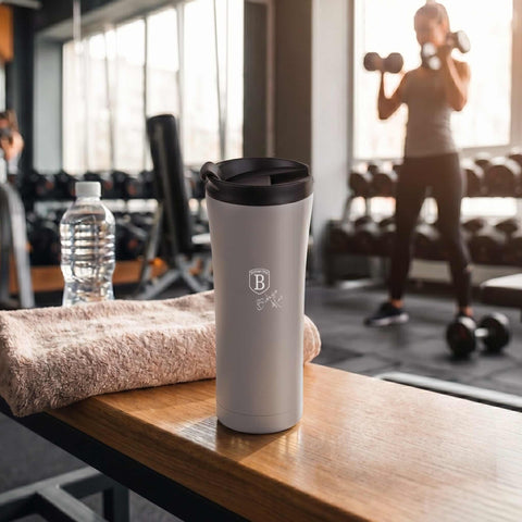 Product image of Coffee mug 0,5L. Part of the Aspen Collection . Features: • Material: inner body 18/10 stainless steel, cap: plastic • Capacity: 0,5 L • Color: matt grey • Packing: half giftbox. (Studio view). Official Berlinger Haus product, boosted by Promintra sl.