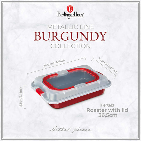 Product image of Oblong roaster with lid. Part of the Metallic Line Burgundy Edition . Features: • Material: carbon steel with titan non-stick coating, plastic cover • Size: 36*24,5*5,5 cm • Color: metallic burgundy. (Studio view). Official Berlinger Haus product, boosted by Promintra sl.