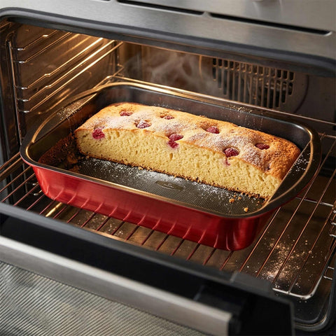 Product image of Oblong roaster with lid. Part of the Metallic Line Burgundy Edition . Features: • Material: carbon steel with titan non-stick coating, plastic cover • Size: 36*24,5*5,5 cm • Color: metallic burgundy. (Studio view). Official Berlinger Haus product, boosted by Promintra sl.