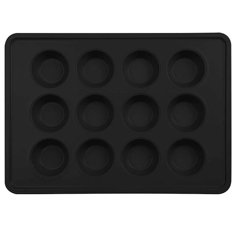 Product image of 12cups muffin pan. Part of the Matte Black Collection/Black Rose Collection . Features: • Material: carbon steel with non-stick titanPro coating • Size: 42,3*29,8*3,5 cm • Color: matt black. (Studio view). Official Berlinger Haus product, boosted by Promintra sl.