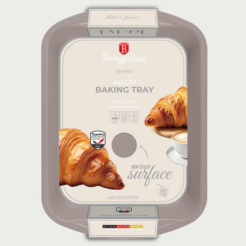 Product image of Oblong roaster 40x28,5cm. Part of the Taupe Collection . Features: • Material: carbon steel with titanPro non-stick coating • Size: 40*28,5*7 cm • Color: matt taupe. (Studio view). Official Berlinger Haus product, boosted by Promintra sl.