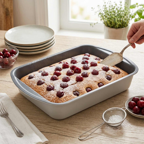 Product image of Oblong roaster 35x27cm. Part of the Aspen Collection . Features: • Material: carbon steel with titanPro non-stick coating • Size: 35*27*6,5 cm • Color: matt grey. (Lifestyle view). Official Berlinger Haus product, boosted by Promintra sl.