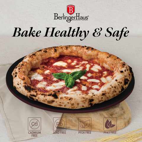 Product image of Pizza pan 32cm. Part of the Leonardo Collection . Features: • Material: carbon steel with titanPro non-stick coating • Size: 32*1,1 cm • Color: matt bordeaux. (Studio view). Official Berlinger Haus product, boosted by Promintra sl.