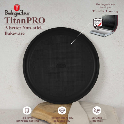 Product image of Pizza pan 32cm. Part of the Leonardo Collection . Features: • Material: carbon steel with titanPro non-stick coating • Size: 32*1,1 cm • Color: matt bordeaux. (Studio view). Official Berlinger Haus product, boosted by Promintra sl.