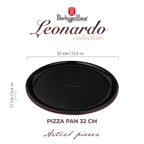 Product image of Pizza pan 32cm. Part of the Leonardo Collection . Features: • Material: carbon steel with titanPro non-stick coating • Size: 32*1,1 cm • Color: matt bordeaux. (Studio view). Official Berlinger Haus product, boosted by Promintra sl.