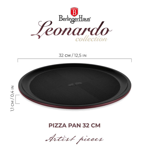 Product image of Pizza pan 32cm. Part of the Leonardo Collection . Features: • Material: carbon steel with titanPro non-stick coating • Size: 32*1,1 cm • Color: matt bordeaux. (Studio view). Official Berlinger Haus product, boosted by Promintra sl.