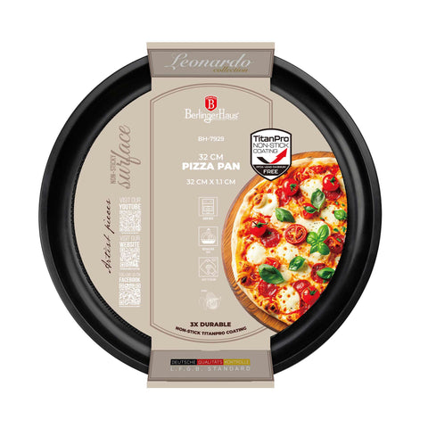 Product image of Pizza pan 32cm. Part of the Leonardo Collection . Features: • Material: carbon steel with titanPro non-stick coating • Size: 32*1,1 cm • Color: matt bordeaux. (Studio view). Official Berlinger Haus product, boosted by Promintra sl.