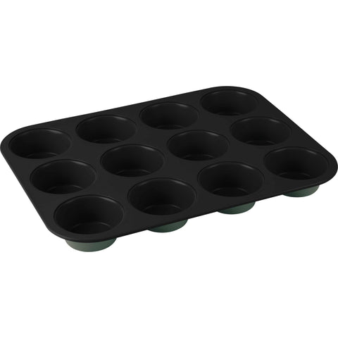 Product image of 12cups muffin pan. Part of the Matte Green Collection . Features: • Material: carbon steel with titanPro non-stick coating • Size: 35*26,5*3 cm • Color: matt green. (Studio view). Official Berlinger Haus product, boosted by Promintra sl.