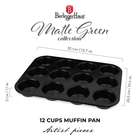 Product image of 12cups muffin pan. Part of the Matte Green Collection . Features: • Material: carbon steel with titanPro non-stick coating • Size: 35*26,5*3 cm • Color: matt green. (Studio view). Official Berlinger Haus product, boosted by Promintra sl.
