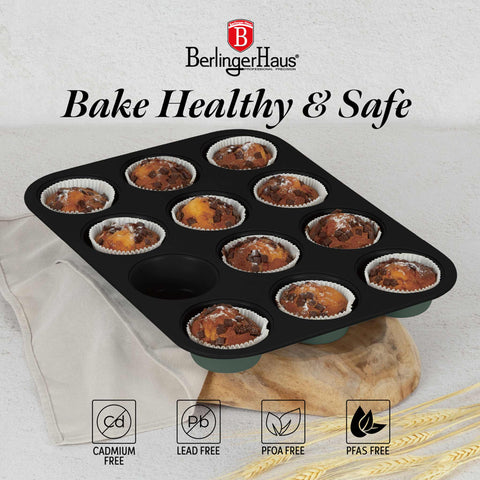 Product image of 12cups muffin pan. Part of the Matte Green Collection . Features: • Material: carbon steel with titanPro non-stick coating • Size: 35*26,5*3 cm • Color: matt green. (Studio view). Official Berlinger Haus product, boosted by Promintra sl.