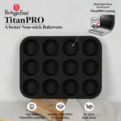 Product image of 12cups muffin pan. Part of the Matte Green Collection . Features: • Material: carbon steel with titanPro non-stick coating • Size: 35*26,5*3 cm • Color: matt green. (Studio view). Official Berlinger Haus product, boosted by Promintra sl.