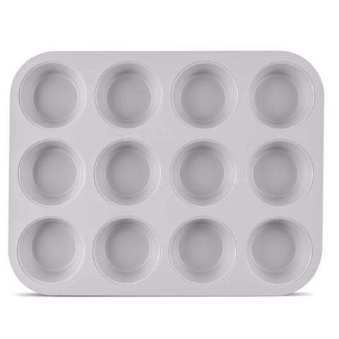 Product image of 12cups muffin pan. Part of the Taupe Collection . Features: • Material: carbon steel with titanPro non-stick coating • Size: 35*26,5*3 cm • Color: matt taupe. (Studio view). Official Berlinger Haus product, boosted by Promintra sl.