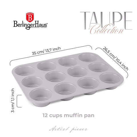 Product image of 12cups muffin pan. Part of the Taupe Collection . Features: • Material: carbon steel with titanPro non-stick coating • Size: 35*26,5*3 cm • Color: matt taupe. (Studio view). Official Berlinger Haus product, boosted by Promintra sl.