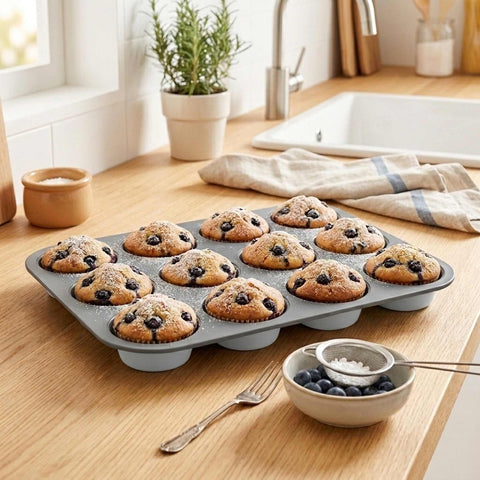 Product image of 12cups muffin pan. Part of the Aspen Collection . Features: • Material: carbon steel with titanPro non-stick coating • Size: 35*26,5*3 cm • Color: matt grey. (Studio view). Official Berlinger Haus product, boosted by Promintra sl.