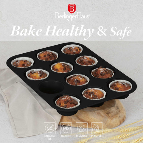  BH/7950, BH/7876, BH/7950N, molde para muffins de 12 tazas, negro mate, utensilios para hornear, molde para muffins de 12 tazas, molde para muffins, muffin, horneado
